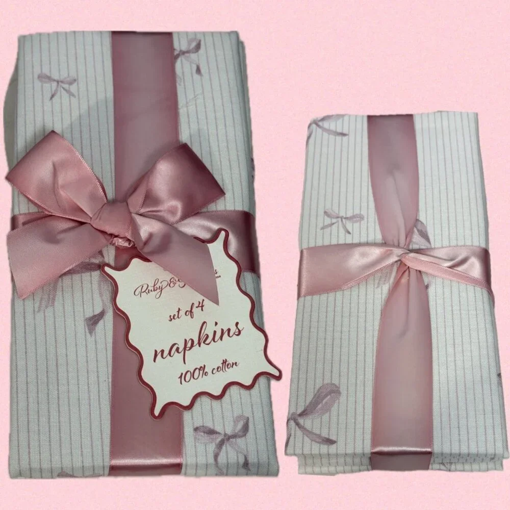 Ruby & Ribbons By Indigo Home Pink Pinstriped Bow Accent Cotton Napkins 4-Pack